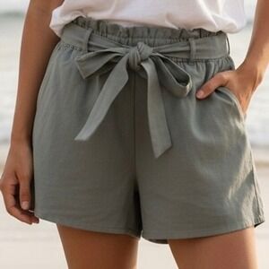 Lulus Sage Green Linen Blend Paperbag Waist Tie Shorts Small Casual Beach Resort